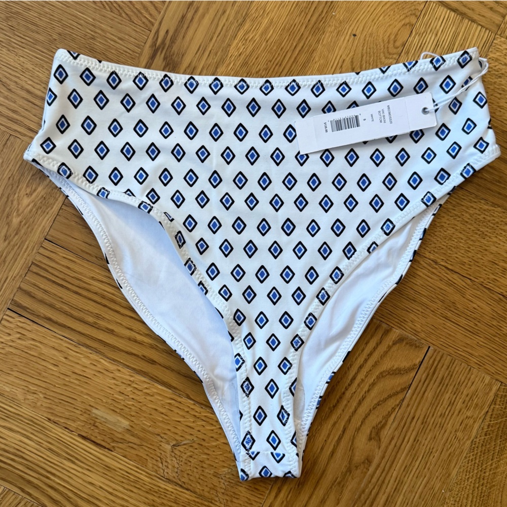 NWT  Caroline Constas Viki Bikini Bottom - White w/ Blue & Black Print - Size S